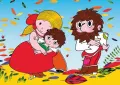 Obdélníkový jedlý obrázek na dort – Rumcajs, Manka s Cipískem a podzimní listí (modrá, žlutá, červená)