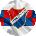 Kulatý jedlý obrázek na dort – Baník Ostrava, erb a vlnící se vlajka (červená, modrá, bílá)