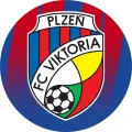 Kulatý jedlý obrázek na dort – Viktoria Plzeň, znak s míčem a pruhované pozadí (červená, modrá, bílá)