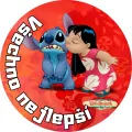 Kulatý jedlý obrázek na dort – Lilo & Stitch, Pusa pro Stitche a ibišky (červená, modrá, růžová)