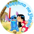 Kulatý jedlý obrázek na dort – Lilo & Stitch, Pusa na pláži se surfem (modrá, červená, žlutá)