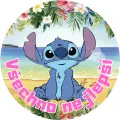 Kulatý jedlý obrázek na dort – Lilo & Stitch, Stitch na pláži s květy (modrá, tyrkysová, růžová)