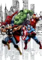 Obdélníkový jedlý obrázek na dort – Avengers, hrdinové a černobílé mrakodrapy (modrá, červená, zelená)