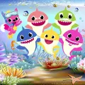 Obdélníkový jedlý obrázek na dort – Baby Shark, rodinka s lištičkou a koníky (modrá, žlutá, růžová)