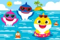 Obdélníkový jedlý obrázek na dort – Baby Shark, rodinka s brýlemi a kruhem (modrá, žlutá, růžová)