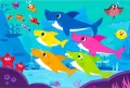 Obdélníkový jedlý obrázek na dort – Baby Shark, celá rodinka a korálový útes (modrá, žlutá, růžová)