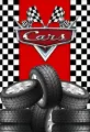Obdélníkový jedlý obrázek na dort – Cars, chromované logo, šachovnice a kola (červená, černá, bílá)
