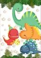 Obdélníkový jedlý obrázek na dort – Dinosauři, červený T-Rex s čepičkou a vejcem (zelená, žlutá, červená)