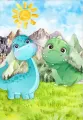 Obdélníkový jedlý obrázek na dort – Dinosauři, malovaný modrý a zelený ještěr (zelená, modrá, žlutá)