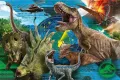 Obdélníkový jedlý obrázek na dort – Dinosauři, T-Rex, sopka a vrtulník (modrá, zelená, hnědá)