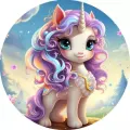 Kulatý jedlý obrázek na dort – Jednorožec Unicorn, v horách s kvítky (fialová, modrá, růžová)