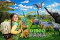 Obdélníkový jedlý obrázek na dort – Dinosauři, Dana s batohem a pravěcí tvorové (zelená, modrá, hnědá)