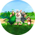 Kulatý jedlý obrázek na dort – Booba, se zvířecími kamarády na louce (zelená, modrá, bílá)