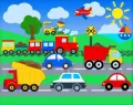 Obdélníkový jedlý obrázek na dort – Dopravní prostředky (modrá, zelená, žlutá)