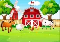 Obdélníkový jedlý obrázek na dort – Farma, koník, stodola a větrný mlýn (zelená, červená, modrá)