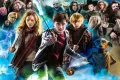 Obdélníkový jedlý obrázek na dort – Harry Potter, trojice s hůlkou a skřítkem (modrá, tyrkysová, zelená)