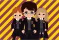 Obdélníkový jedlý obrázek na dort – Harry Potter, kreslená trojice a pruhy (žlutá, červená, černá)