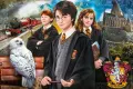 Obdélníkový jedlý obrázek na dort – Harry Potter, trio, Bradavice a lokomotiva (červená, hnědá, černá)