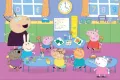 Obdélníkový jedlý obrázek na dort – Prasátko Peppa, ve školní třídě s kamarády (růžová, modrá, zelená)