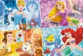 Obdélníkový jedlý obrázek na dort – Princezny, čtyři hrdinky se zvířecími přáteli (modrá, fialová, žlutá)