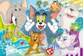 Obdélníkový jedlý obrázek na dort – Tom a Jerry, s buldokem Spikem a přáteli (modrá, zelená, bílá)