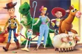 Obdélníkový jedlý obrázek na dort – Toy Story, Woody, Pastýřka, Rex a Jessie (modrá, zelená, hnědá)