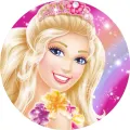 Kulatý jedlý obrázek na dort – Barbie, s květinovým náhrdelníkem a hvězdami (růžová, žlutá, fialová)