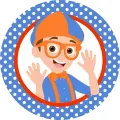 Kulatý jedlý obrázek na dort – Blippi, mávající s puntíkovaným okrajem (modrá, žlutá, červená)