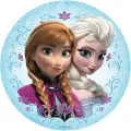 Kulatý jedlý obrázek na dort – Frozen, Anna a Elsa s bílým ornamentem (modrá, bílá, fialová)