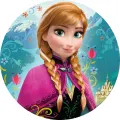 Kulatý jedlý obrázek na dort – Frozen, Anna (růžová, modrá, tyrkysová)