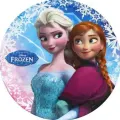 Kulatý jedlý obrázek na dort – Frozen, sestry Anna a Elsa v záplavě vloček (modrá, fialová, bílá)