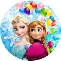 Kulatý jedlý obrázek na dort – Frozen, Party (modrá, růžová, žlutá)