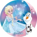 Kulatý jedlý obrázek na dort – Frozen, Elsa s Olafem před ledovým palácem (modrá, růžová, bílá)