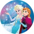 Kulatý jedlý obrázek na dort – Frozen, Elsa a Anna v objetí u paláce (modrá, tyrkysová, fialová)