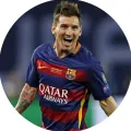 Kulatý jedlý obrázek na dort – Messi, FCB (modrá, červená, žlutá)