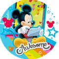 Kulatý jedlý obrázek na dort – Mickey Mouse, Awesome (modrá, žlutá, červená)
