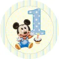 Kulatý jedlý obrázek na dort – Mickey, 1. narozeniny (modrá, žlutá, bílá)