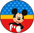 Kulatý jedlý obrázek na dort – Mickey Mouse, puntíkované a pruhované pozadí (červená, modrá, žlutá)