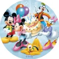 Kulatý jedlý obrázek na dort – Mickey Mouse, Narozeniny (modrá, žlutá, růžová)