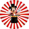 Kulatý jedlý obrázek na dort – Mickey Mouse, Kouzelník v cylindru s hůlkou (červená, bílá, černá)