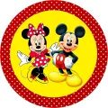 Kulatý jedlý obrázek na dort – Mickey a Minnie, žlutý střed s puntíky (červená, žlutá, černá)