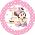 Kulatý jedlý obrázek na dort – Minnie, 1. narozeniny (růžová, bílá, žlutá)