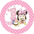 Kulatý jedlý obrázek na dort – Minnie, 1. narozeniny 2 (růžová, bílá, žlutá)