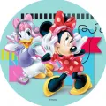 Kulatý jedlý obrázek na dort – Minnie a Daisy, se sluchátky a hudbou (tyrkysová, červená, růžová)