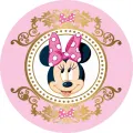 Kulatý jedlý obrázek na dort – Minnie, Gold (růžová, zlatá, bílá)