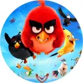 Kulatý jedlý obrázek na dort – Angry Birds, Red, Bomb a Chuck u praku (červená, modrá, žlutá)