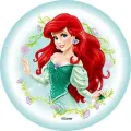 Kulatý jedlý obrázek na dort – Ariela, ve smaragdových šatech s kvítky (červená, tyrkysová, zelená)