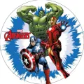 Kulatý jedlý obrázek na dort – Avengers, trojice Hulk, Iron Man a Captain (modrá, zelená, červená)