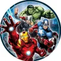 Kulatý jedlý obrázek na dort – Avengers, Iron Man, Cap, Hulk a Thor s blesky (červená, modrá, zelená)