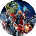 Kulatý jedlý obrázek na dort – Avengers, noční město s blesky a Hawkeye (modrá, červená, zelená)